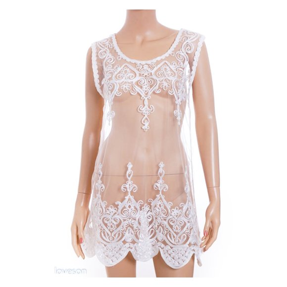 White Floral Ribbon Embroidery Tulle Sheer Glamour Bridal Chemise